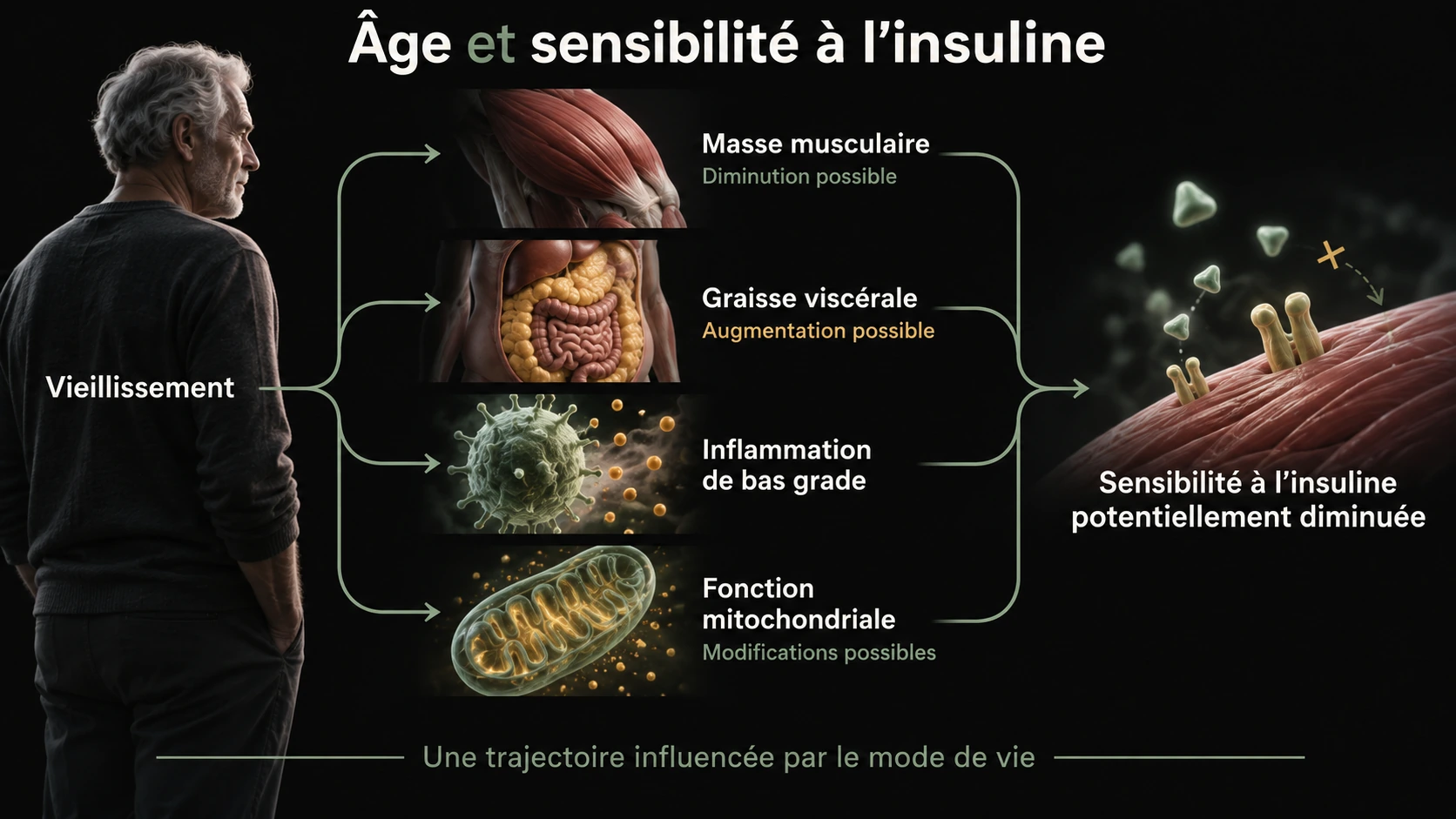 Le vieillissement peut modifier la masse musculaire, la graisse viscérale, l’inflammation et les mitochondries, avec des effets sur la sensibilité à l’insuline.