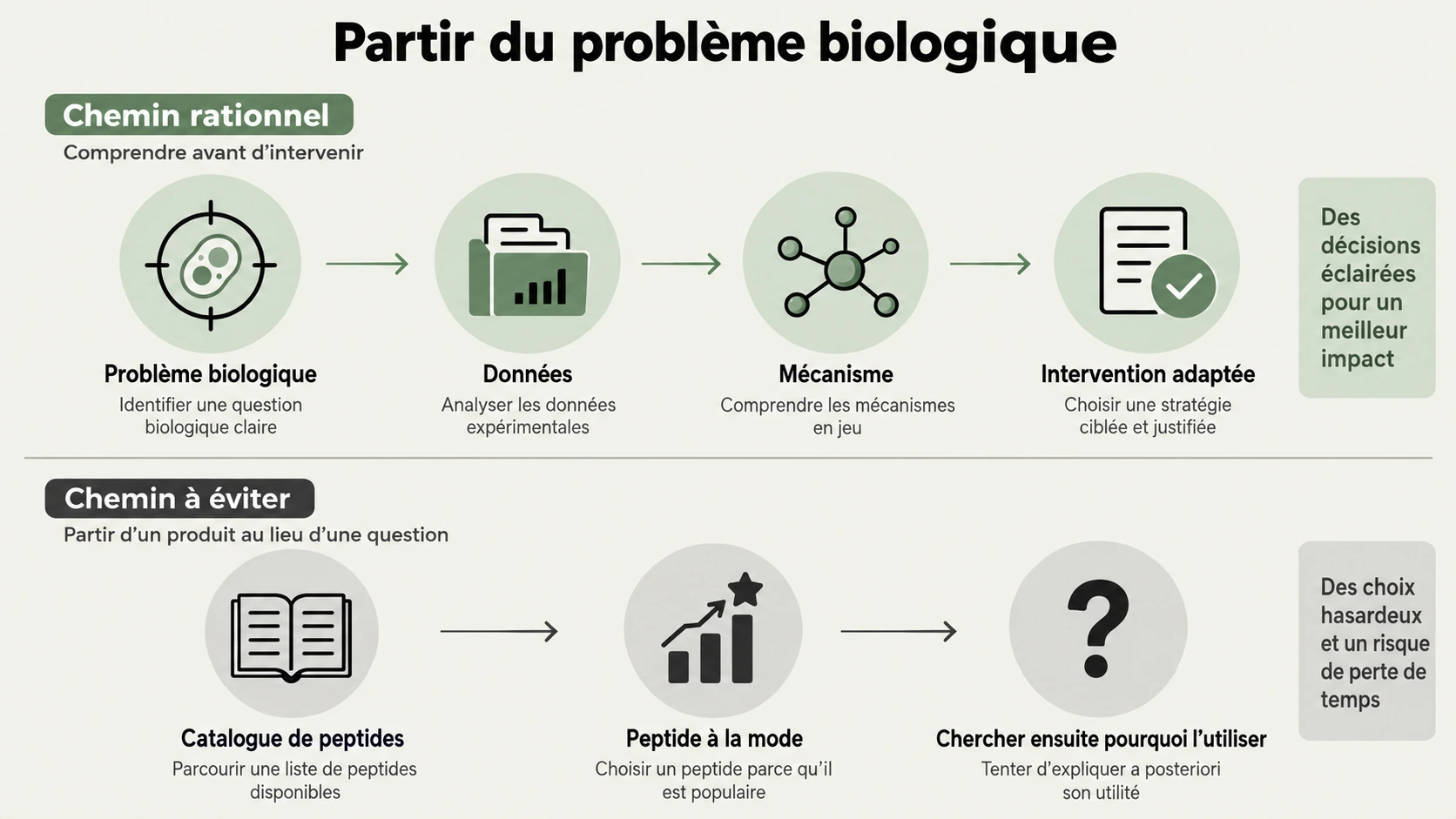 Deux raisonnements opposés : partir du problème biologique et des données, ou choisir un peptide à la mode avant de chercher une justification.
