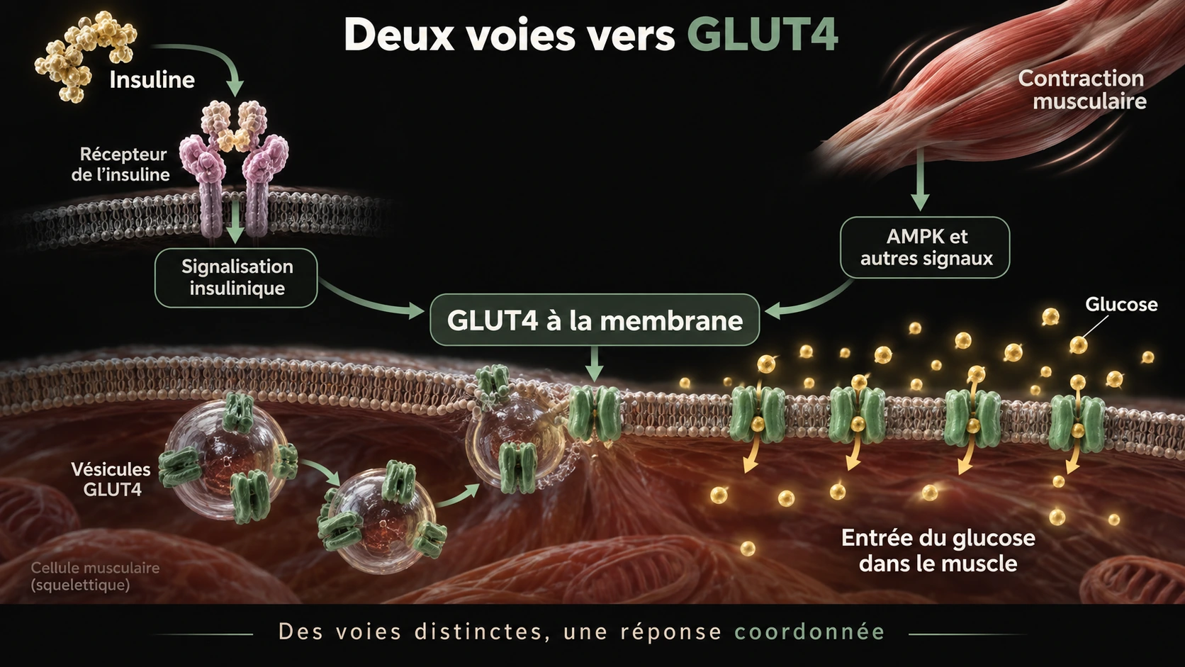 La signalisation insulinique et la contraction musculaire, via AMPK et d’autres signaux, favorisent l’arrivée de GLUT4 à la membrane et l’entrée du glucose.