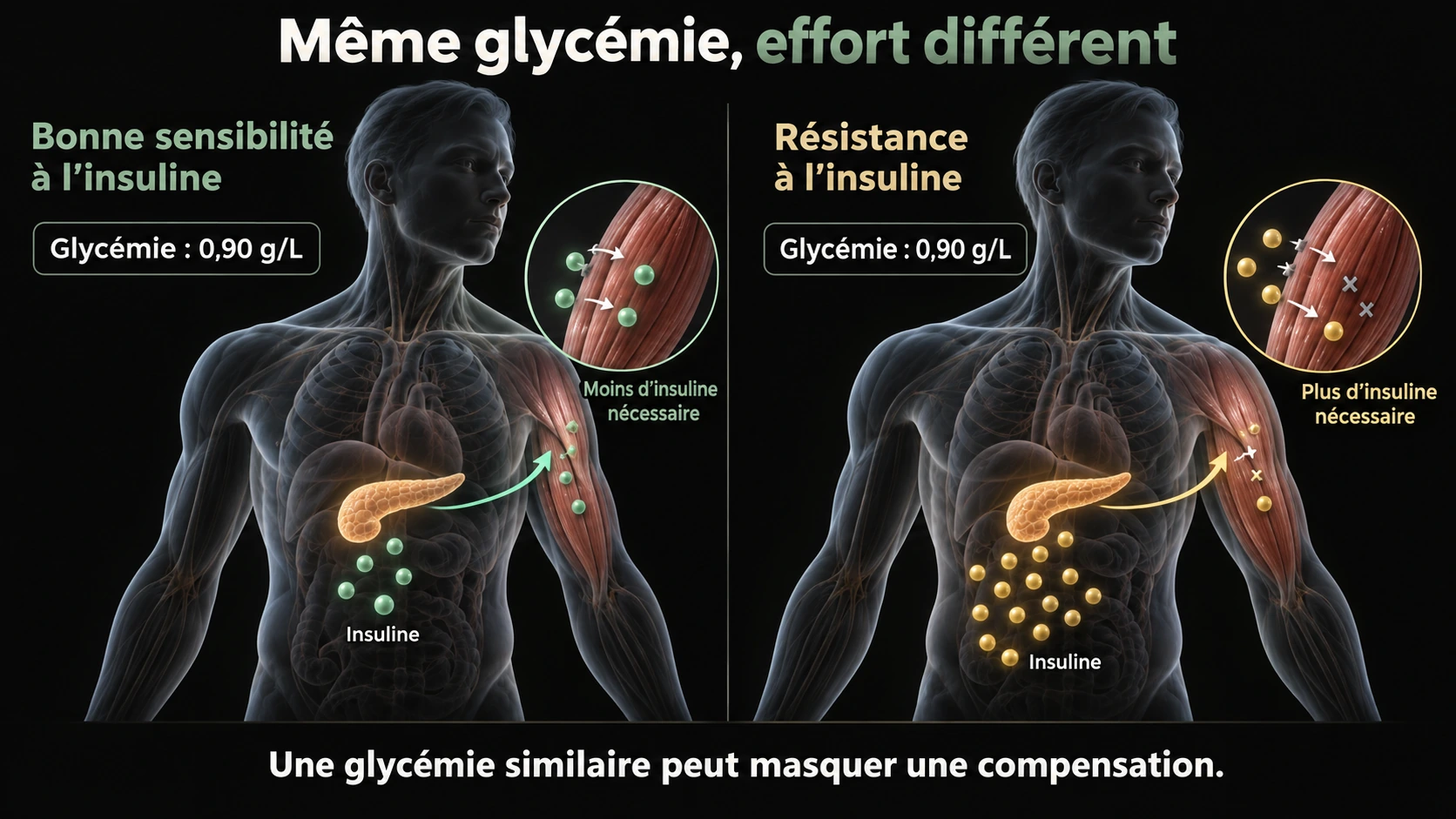 Deux personnes présentent une glycémie de 0,90 g/L, mais la personne résistante à l’insuline nécessite davantage d’insuline pour maintenir ce niveau.