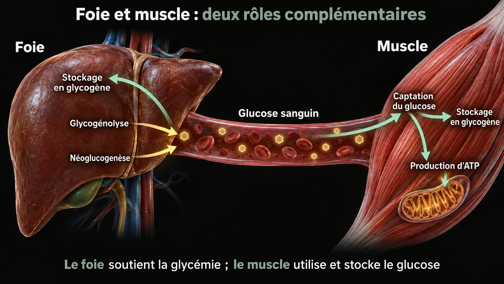 Le foie stocke et libère du glucose ; le muscle capte le glucose pour le stocker en glycogène ou produire de l’ATP.