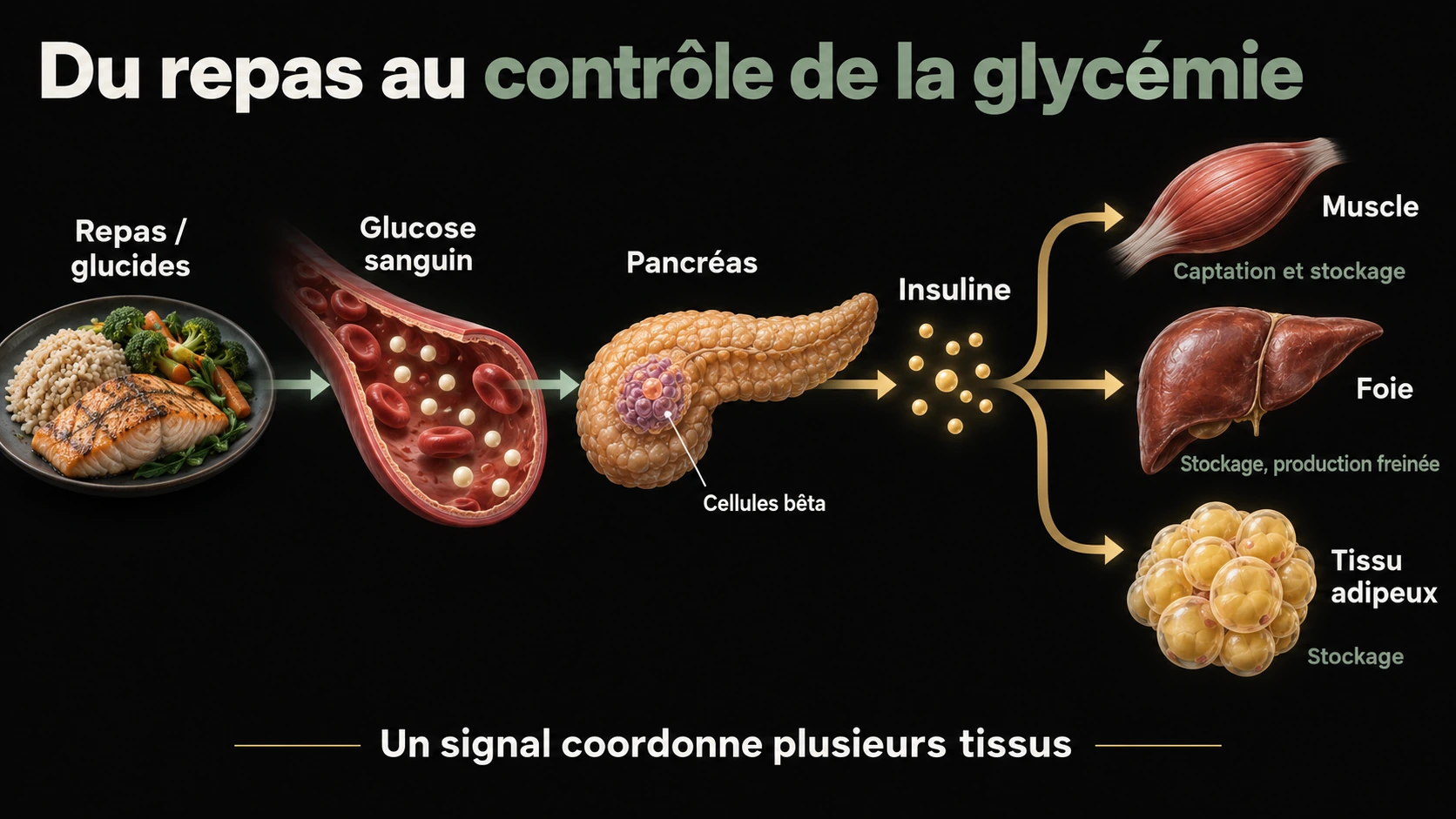 Du repas contenant des glucides à la sécrétion d’insuline par le pancréas, puis à ses effets sur le muscle, le foie et le tissu adipeux.