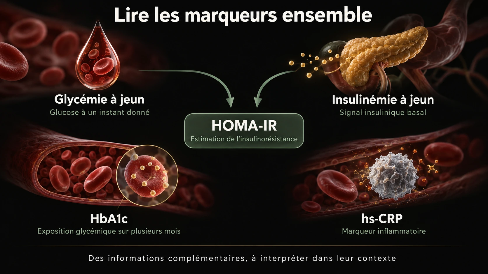 Glycémie et insulinémie à jeun permettent d’estimer le HOMA-IR ; HbA1c et hs-CRP apportent des informations complémentaires sur le terrain métabolique.