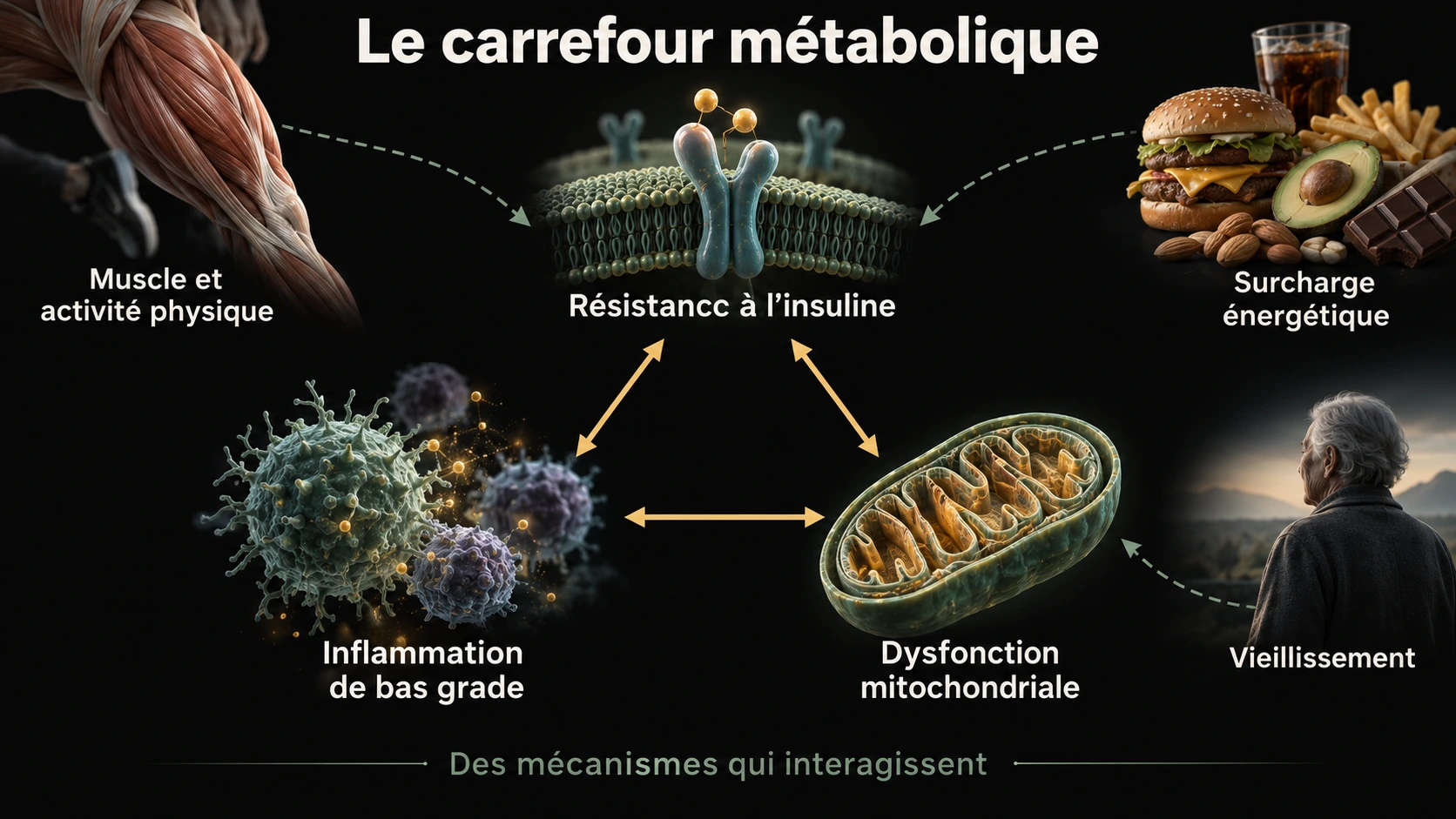 Interactions entre résistance à l’insuline, inflammation de bas grade et dysfonction mitochondriale, dans le contexte du muscle, de l’âge et de la surcharge énergétique.