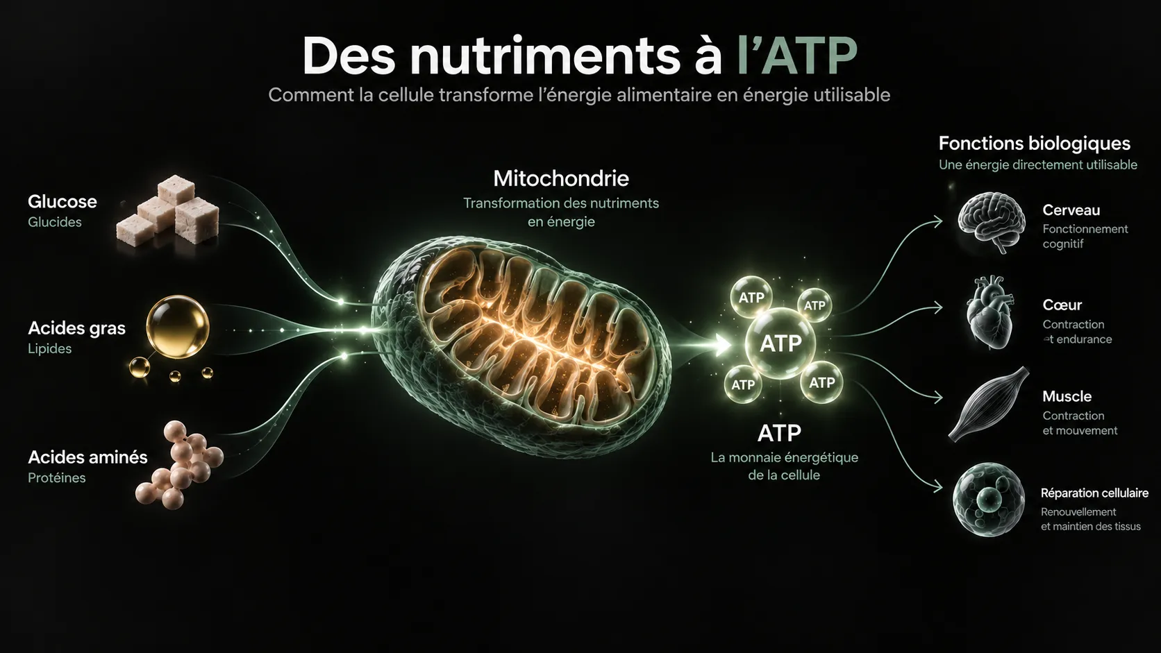 Schéma reliant glucose, acides gras et acides aminés à la production mitochondriale d’ATP, utilisée par le cerveau, le cœur, les muscles et la réparation cellulaire.