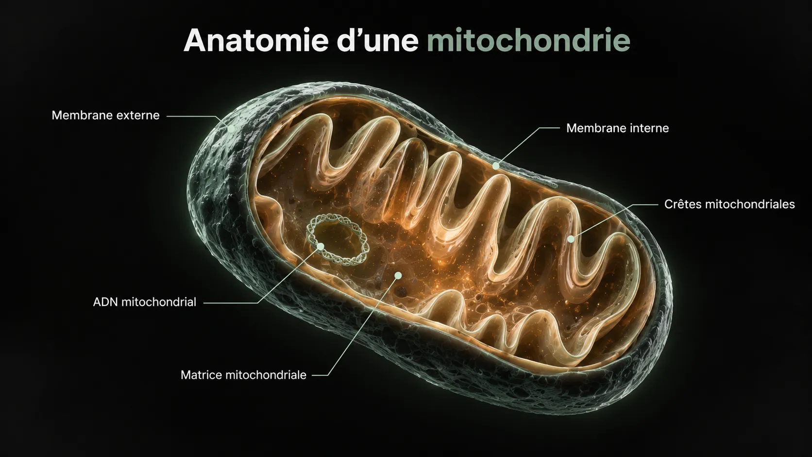 Coupe d’une mitochondrie montrant les membranes externe et interne, les crêtes, la matrice et l’ADN mitochondrial.