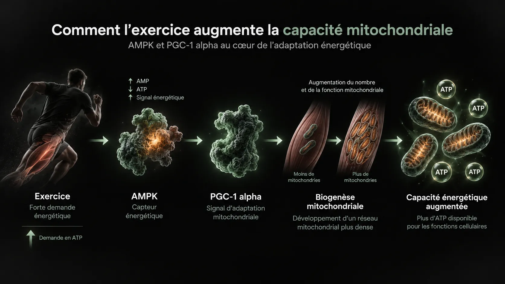 Schéma de l’adaptation à l’exercice reliant AMPK et PGC-1 alpha à la biogenèse mitochondriale et à l’augmentation de la capacité énergétique.