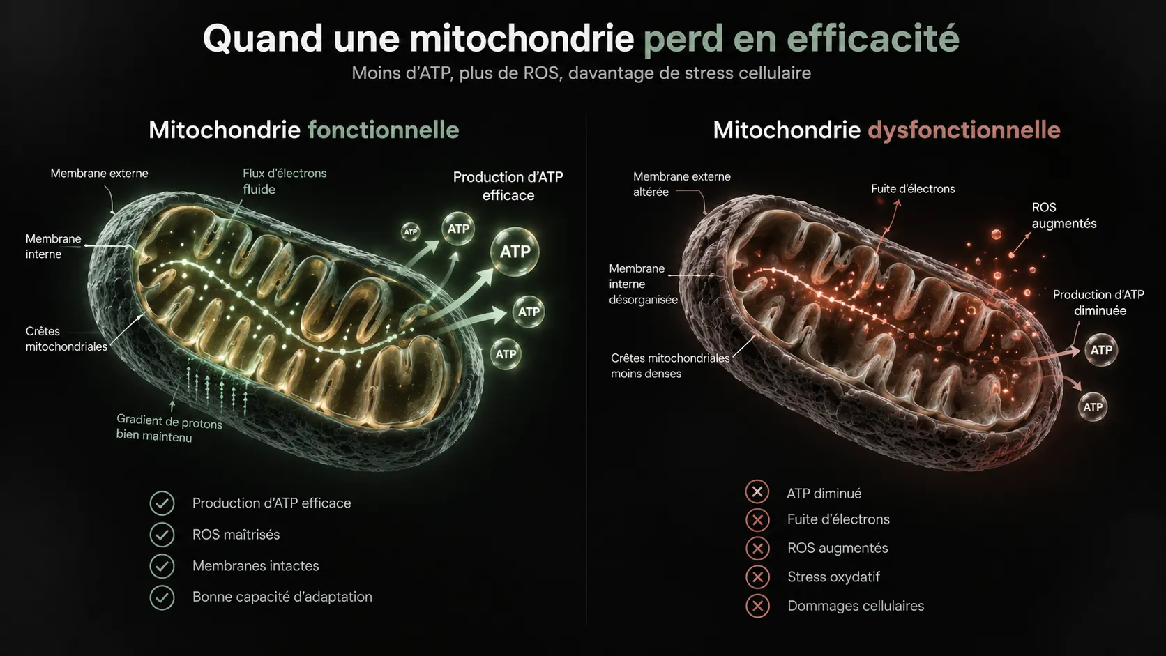 Comparaison d’une mitochondrie fonctionnelle et d’une mitochondrie dysfonctionnelle : membranes, production d’ATP et espèces réactives de l’oxygène.