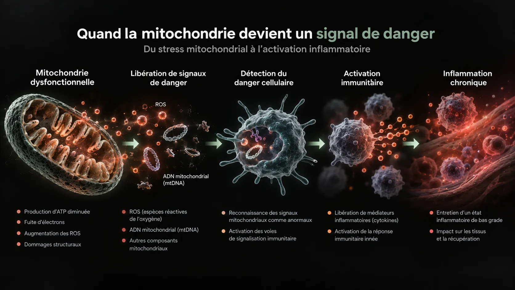 Schéma reliant les dommages mitochondriaux à la libération de signaux de danger, à l’activation immunitaire et à l’inflammation chronique.