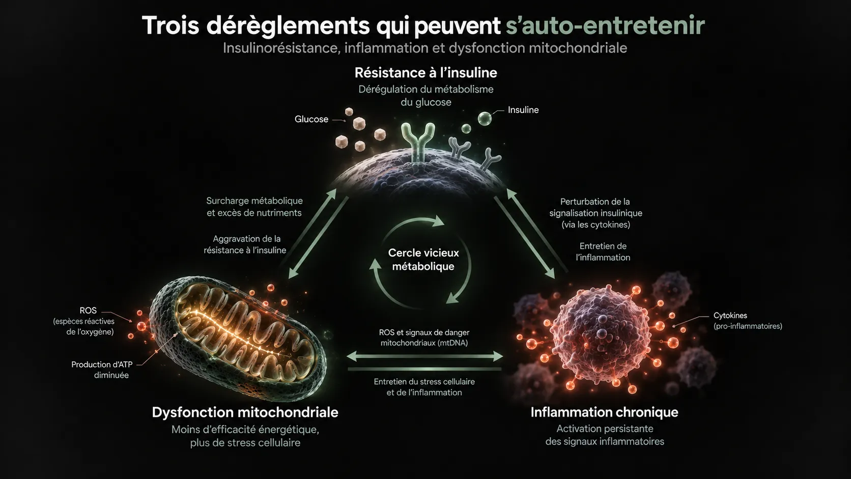 Triangle des interactions entre résistance à l’insuline, inflammation chronique et dysfonction mitochondriale.