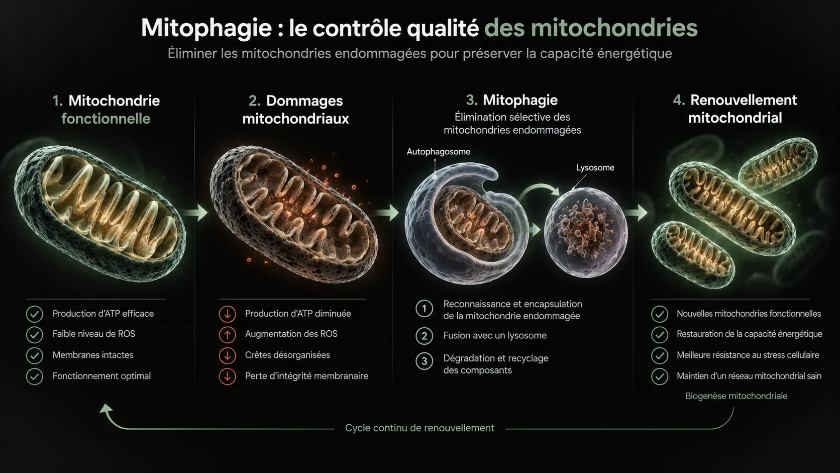 Étapes du contrôle qualité mitochondrial : dommages, élimination par mitophagie et renouvellement des mitochondries.