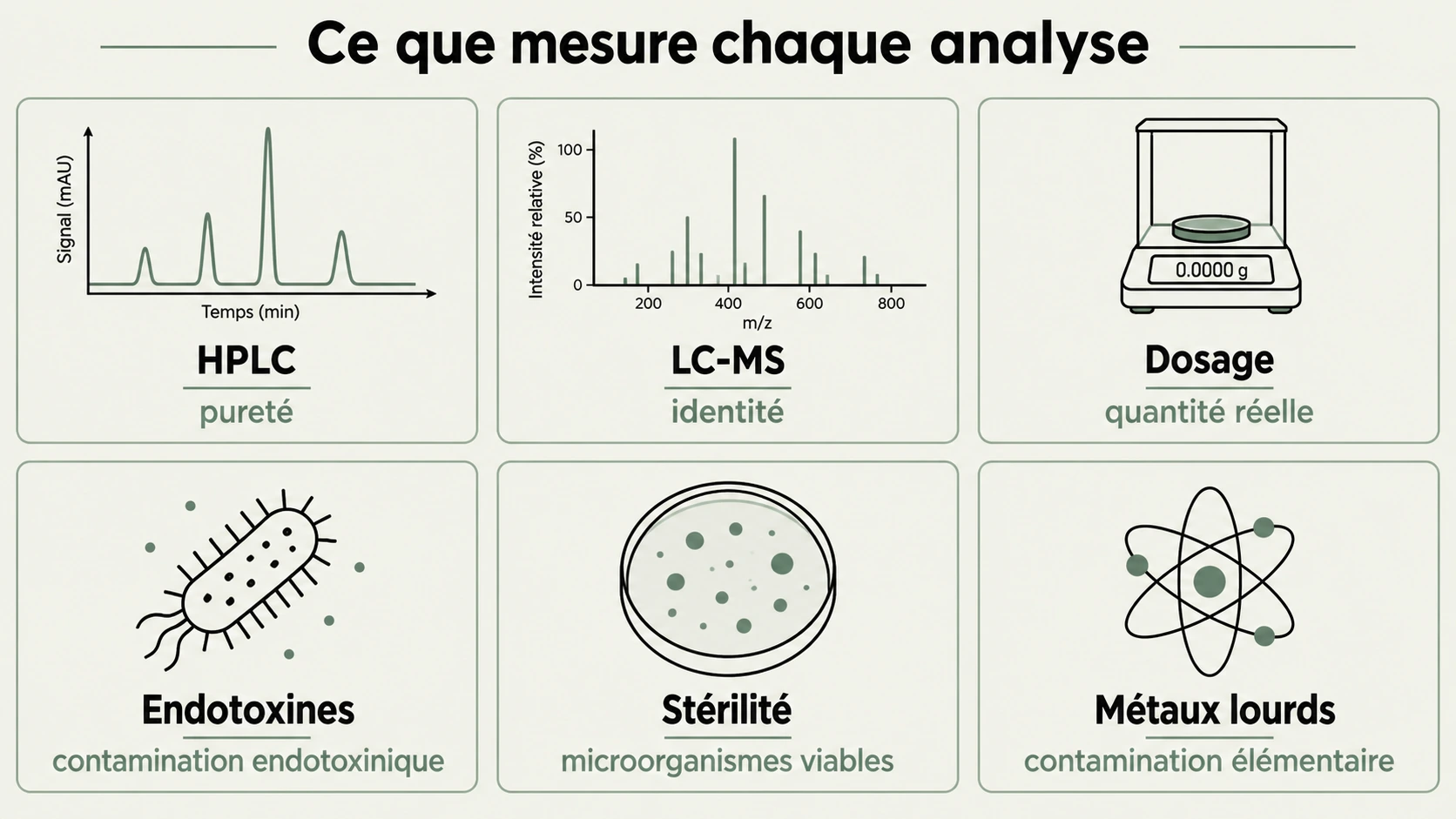 Ce que mesure chaque analyse : HPLC, LC-MS, dosage, endotoxines, stérilité et métaux lourds.