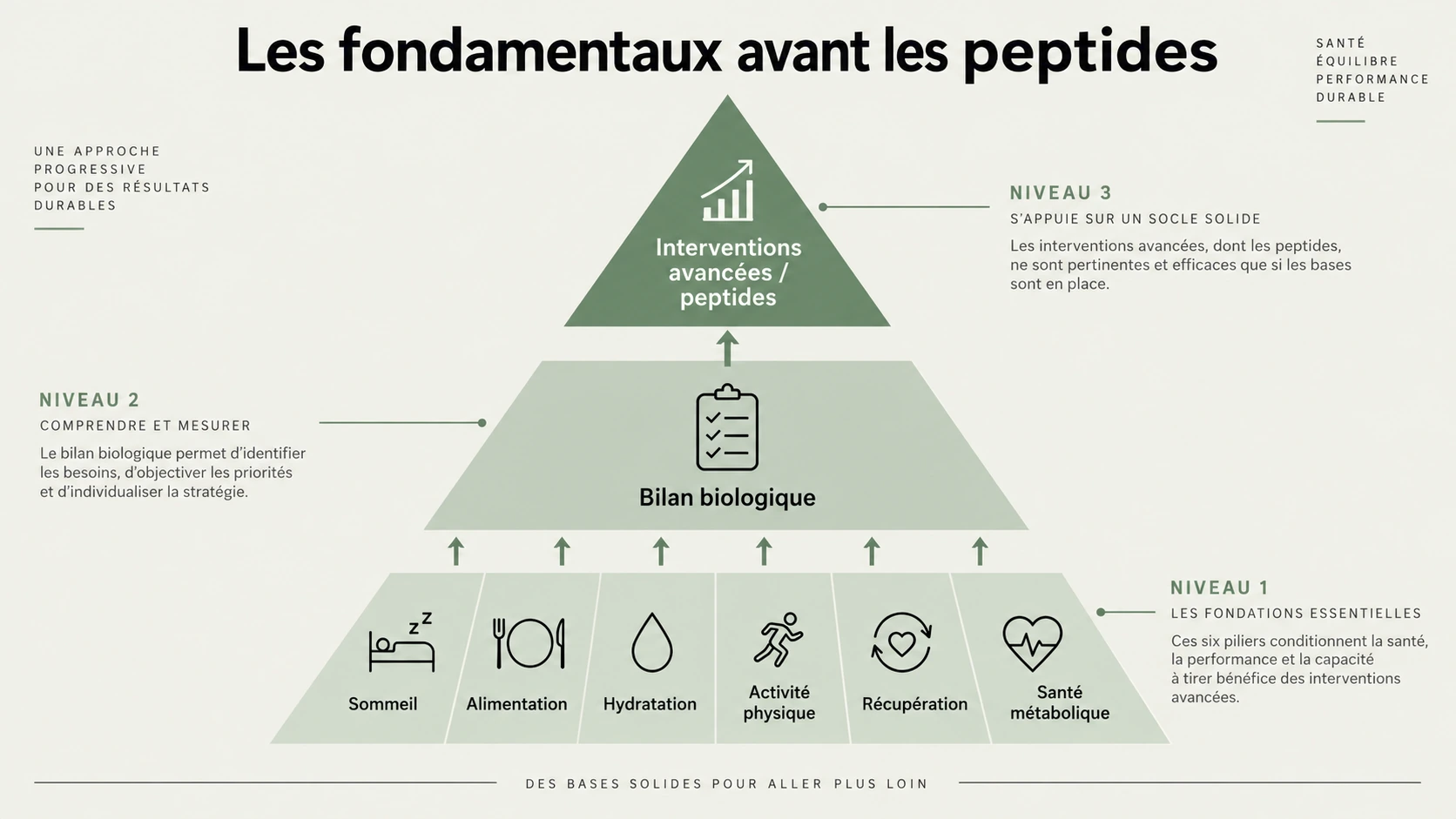 Pyramide des fondamentaux avant les peptides : sommeil, alimentation, hydratation, activité physique, récupération et santé métabolique, puis bilan biologique et interventions avancées.
